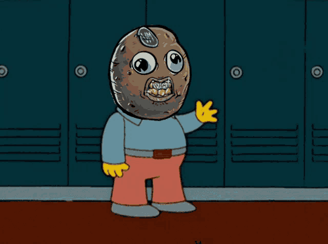 a cartoon character with a potato on his face waving in front of blue lockers