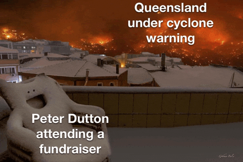 peter dutton is attending a fundraiser for queensland under cyclone warning