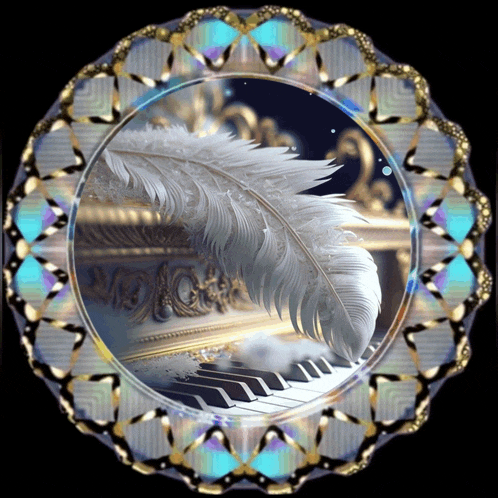 a picture of a piano with a feather in the corner