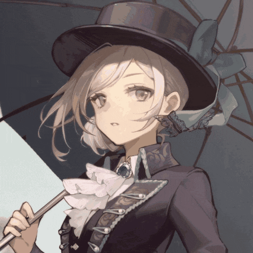 a girl in a top hat holds an umbrella in her hand