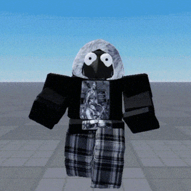 a cartoon character is wearing a black shirt with a picture of a woman on it and plaid pants