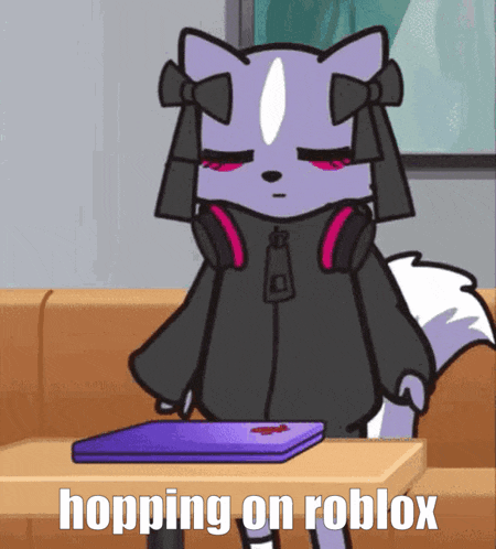 a cartoon of a cat with headphones and the words hopping on roblox on the bottom