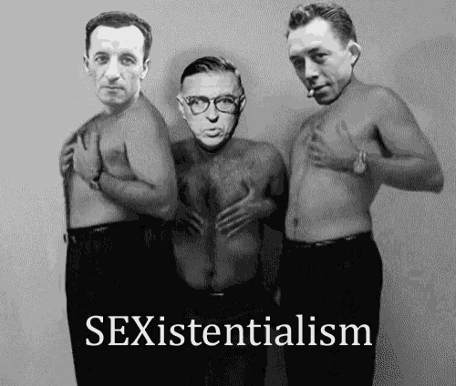 three shirtless men are standing next to each other with the words sexistentalism written below them
