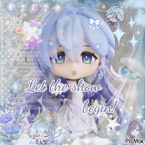 a picture of a doll with blue hair and the words let the show begin
