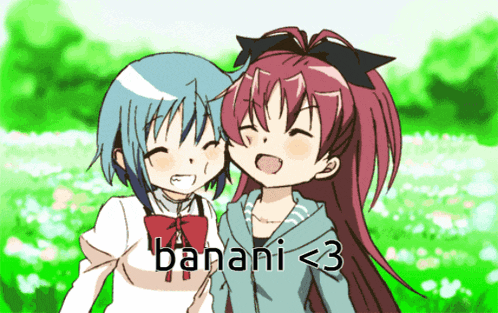 two anime girls are standing next to each other with the words banani < 3 written below them