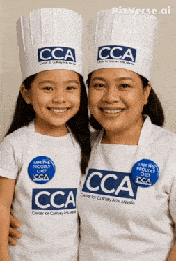 a woman and a little girl wearing chef hats and aprons for the cca center for culinary arts manila