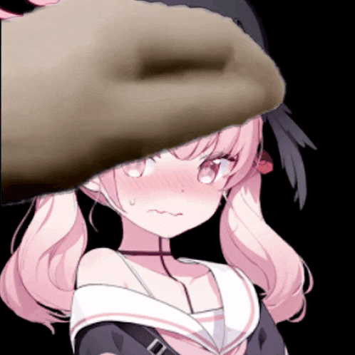 a pink haired anime girl with a black hat on her head