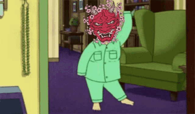 a cartoon character with a red mask and flowers on his head