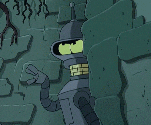 bender from futurama is standing behind a stone wall