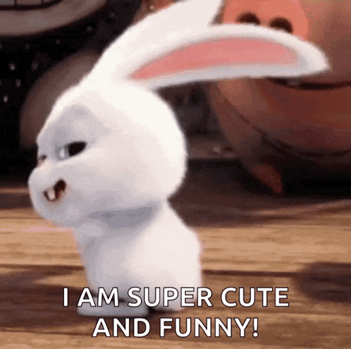 a cartoon rabbit says " i am super cute and funny "