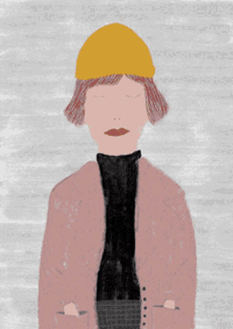 a woman wearing a yellow hat and a pink coat with her eyes closed