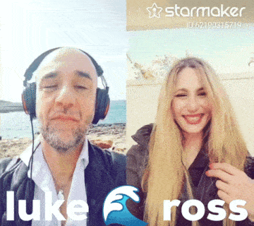 a man wearing headphones next to a woman with the name luke ross on it