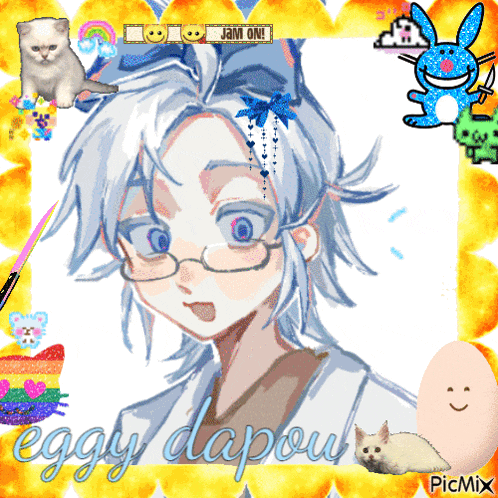 a drawing of a girl with glasses and the name eggy dapou