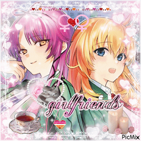 a picture of two anime girls with the words " girlfriends " on it