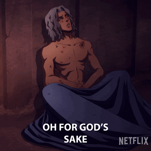 a cartoon of a man with the words oh for god 's sake on the bottom