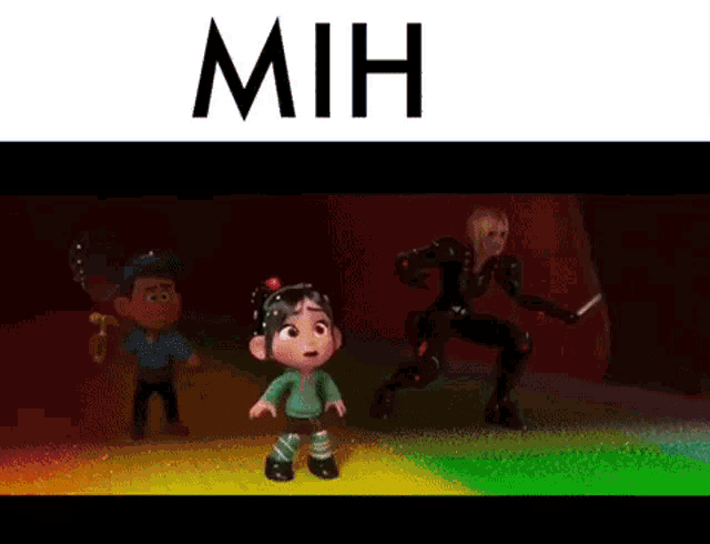 a group of cartoon characters are standing next to each other and the word mih is on the bottom