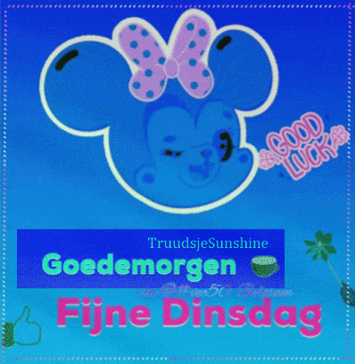 a blue mickey mouse with a pink bow and the words good luck