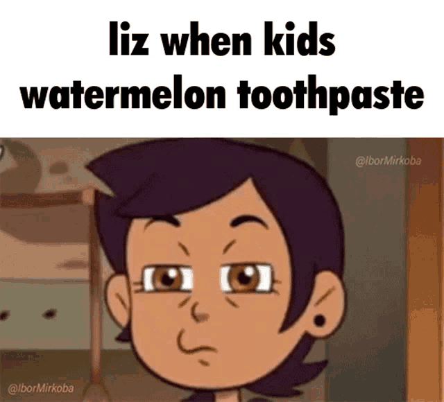 a cartoon character from the owl house is making a funny face while applying watermelon toothpaste .