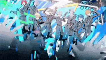 a group of anime characters are dancing on stage in front of a crowd .