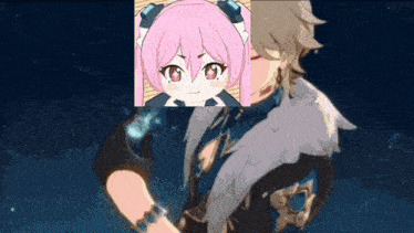 a girl with pink hair is behind a man in a video game