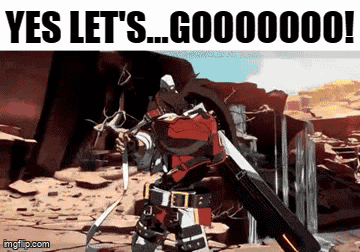 a video game character is holding a sword and says yes let 's gooooooo