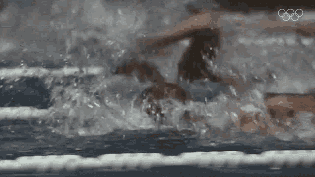 a person is swimming in a pool with the olympic rings in the background .