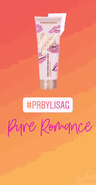 a pink tube of pure romance hair cream on a pink and orange background