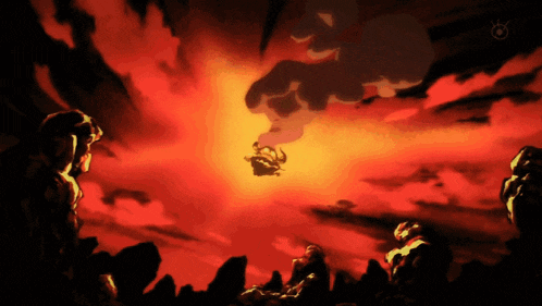 a cartoon drawing of a person flying through the air with a sunset in the background