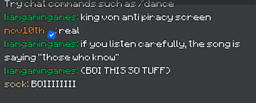 a screenshot of a video game with the words try chat commands such as dance on the top
