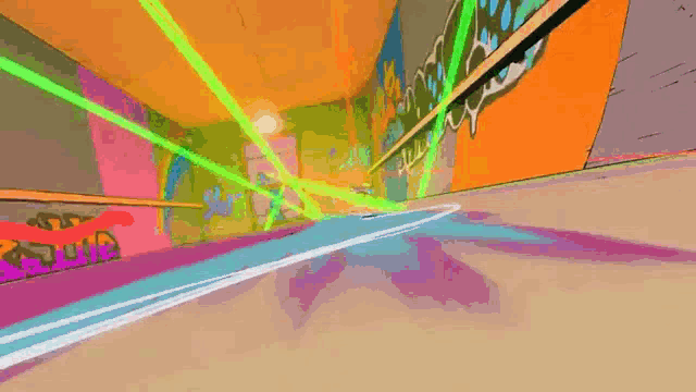 a cartoon character is flying through the air in front of a wall with neon lights .