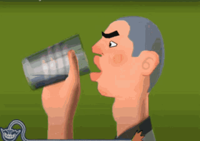 a cartoon of a man drinking from a glass with the number 6 on the bottom