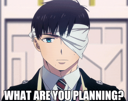 a man with a bandage on his eye and the words what are you planning below him