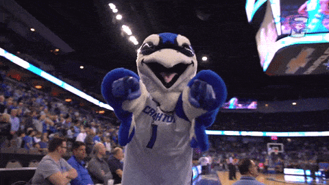 a mascot wearing a number 1 jersey points at the camera