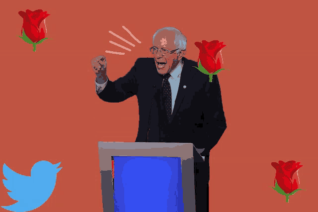 a man stands at a podium with a fist in the air