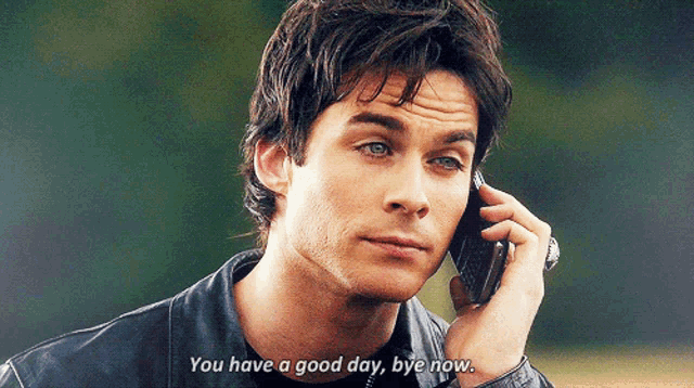 a man talking on a cell phone with the words " you have a good day bye now " below him