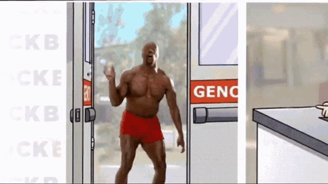 a cartoon of a man in red shorts standing in front of a door that says geno