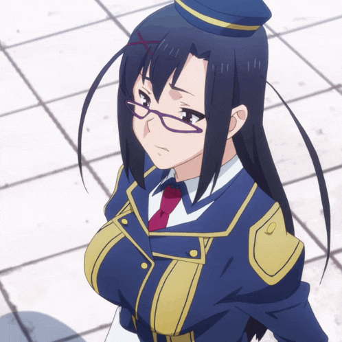 a girl with glasses and a hat is wearing a blue uniform