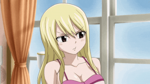 a blonde anime girl is standing in front of a window wearing a pink bra