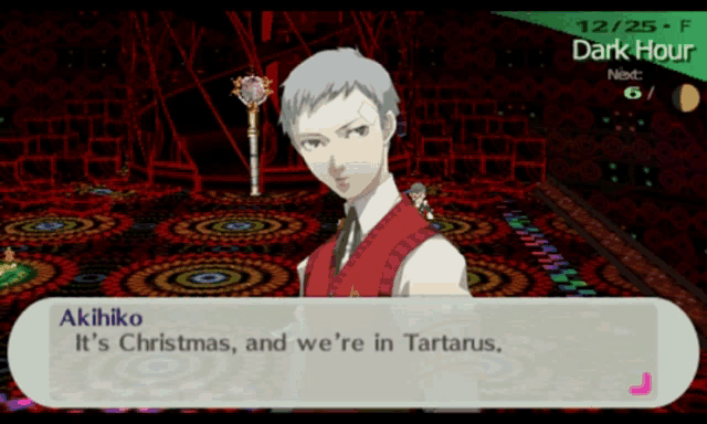a man in a red vest says it 's christmas and we 're in tartarus