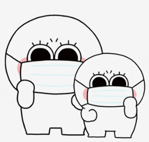 two cartoon characters are wearing face masks .