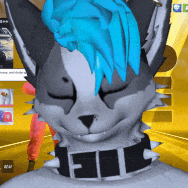 a close up of a furry character 's face with a collar that says fil