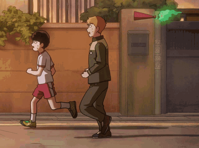 a cartoon drawing of two boys running on a street