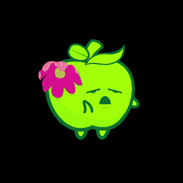 a green apple with a flower on its head
