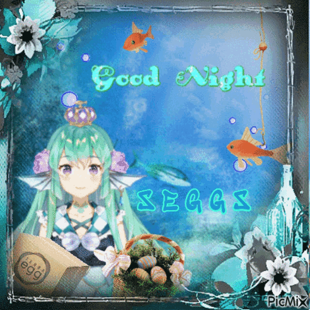 a picture of a mermaid with the words good night seggs on it
