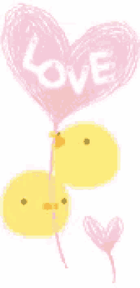 a pink heart with the word love written on it is being held by two yellow chickens .