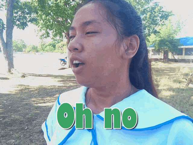 a girl in a school uniform says oh no in green letters
