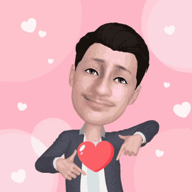 a man with a heart on his chest is pointing at it