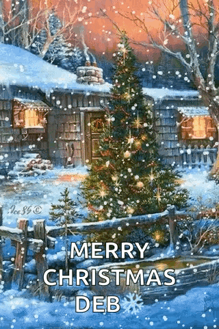 a painting of a christmas tree in front of a cabin in the snow .