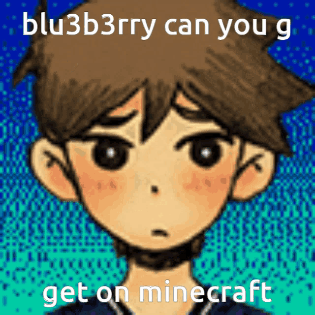 a drawing of a boy with the words blu3b3rry can you g get on minecraft below it