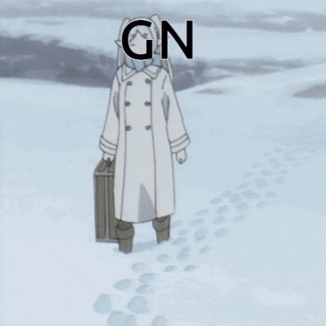 a cartoon of a girl walking in the snow with the word gn written above her